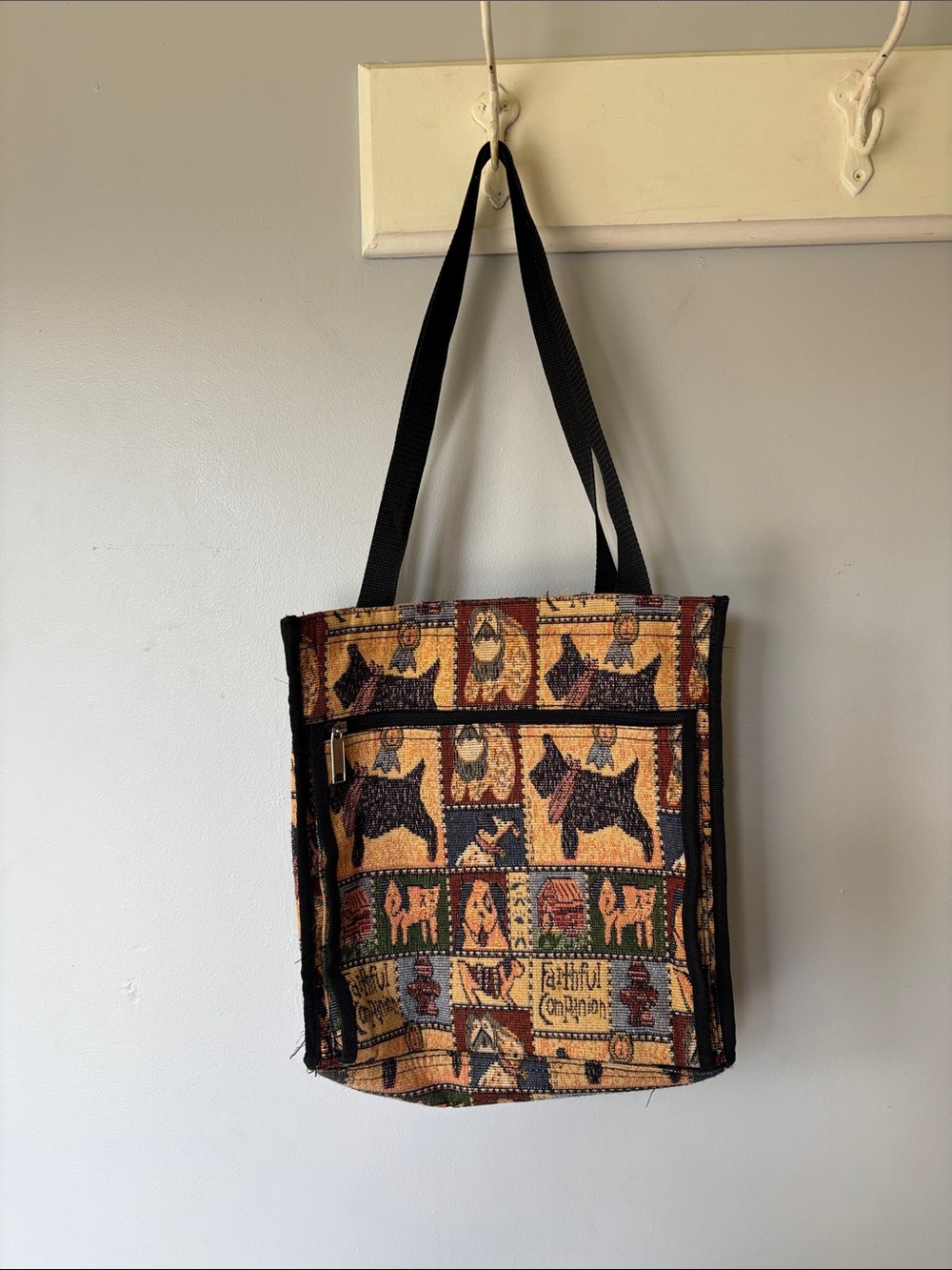 Vintage Dog Tapestry Tote Bag Canvas Black Tan Zip Shoulder Bag Grandmacore